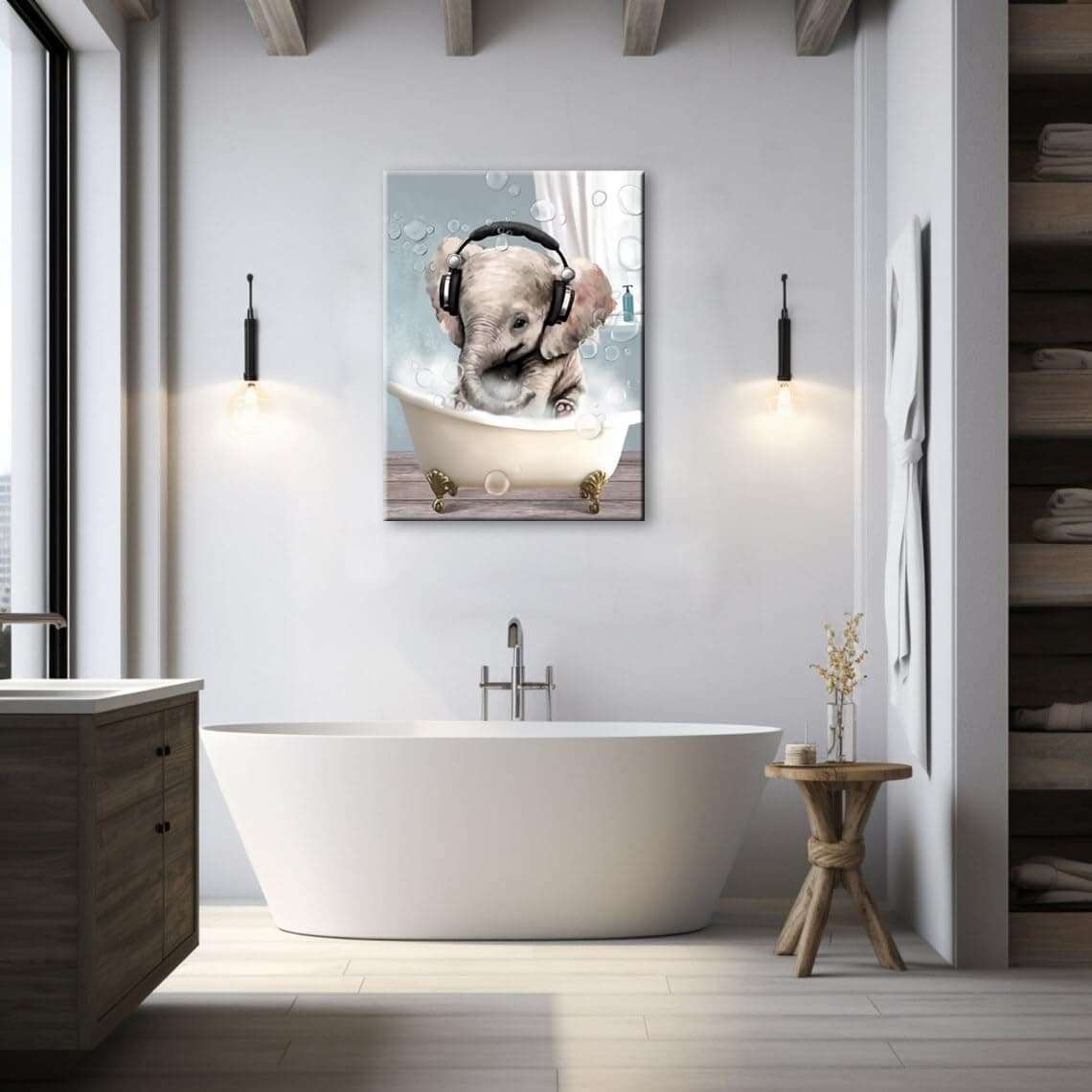 Kids Bathroom Wall Decor Art for Elephant Wall Art Canvas Bathroom Pictures Cute Farmhouse Animal in Bathtub Modern Bath Headphones Music Painting Accessories Home Decor 3