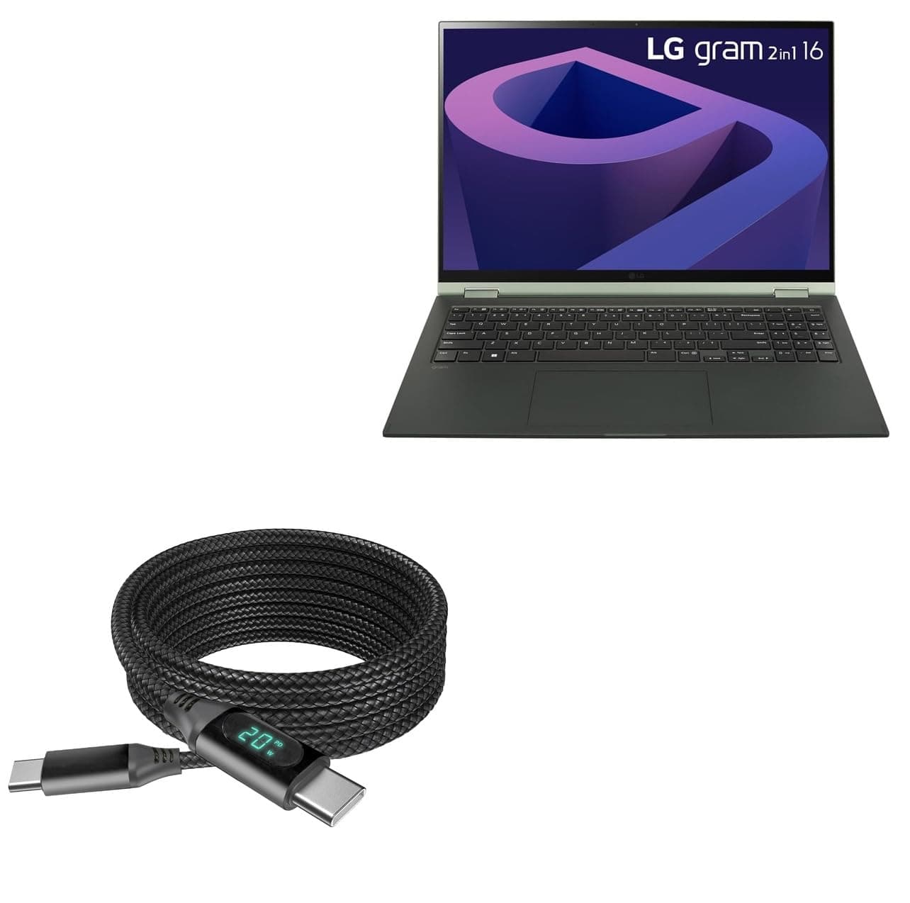 BoxWave Cable Compatible with LG Gram 16 2-in-1 (16T90Q) - PowerDisplay PD Cable (6ft) - USB-C to USB-C (100W), LED Wattage Info Extra Long Braided Nylon - Jet Black 1