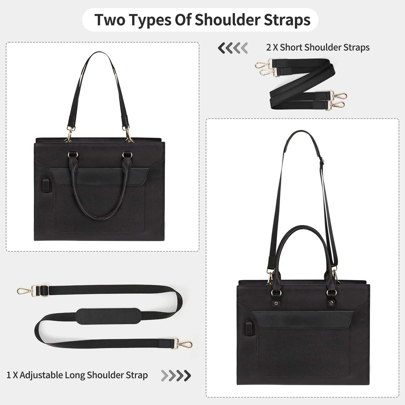 Laptop Bag for Women, 17 Inch Laptop Tote Bag, Leather Work Bags for Women, Large Capacity Laptop Briefcase Computer Tote Bag with USB Port, Business Office Bag Teacher Tote Bag Shoulder Bag 5