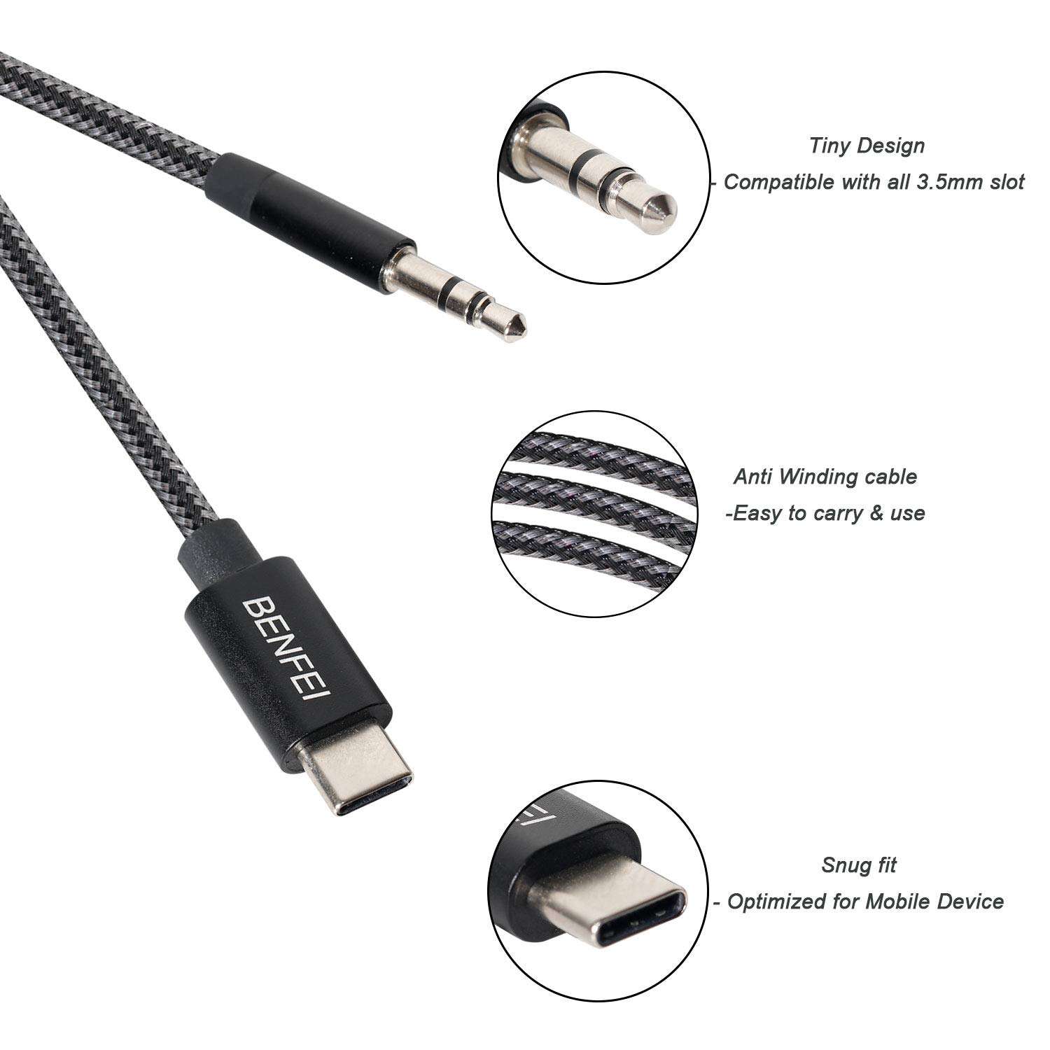 USB-C to 3.5mm Headphone Jack Cable, USB Type-C to 3.5mm Adapter Nylon Cable [DAC Hi-Res] Compatible with iPad Pro New 2018,Pixle 2/XL/3,HTC,Samsung S8/S9/Note 8-3 Feet Black 5