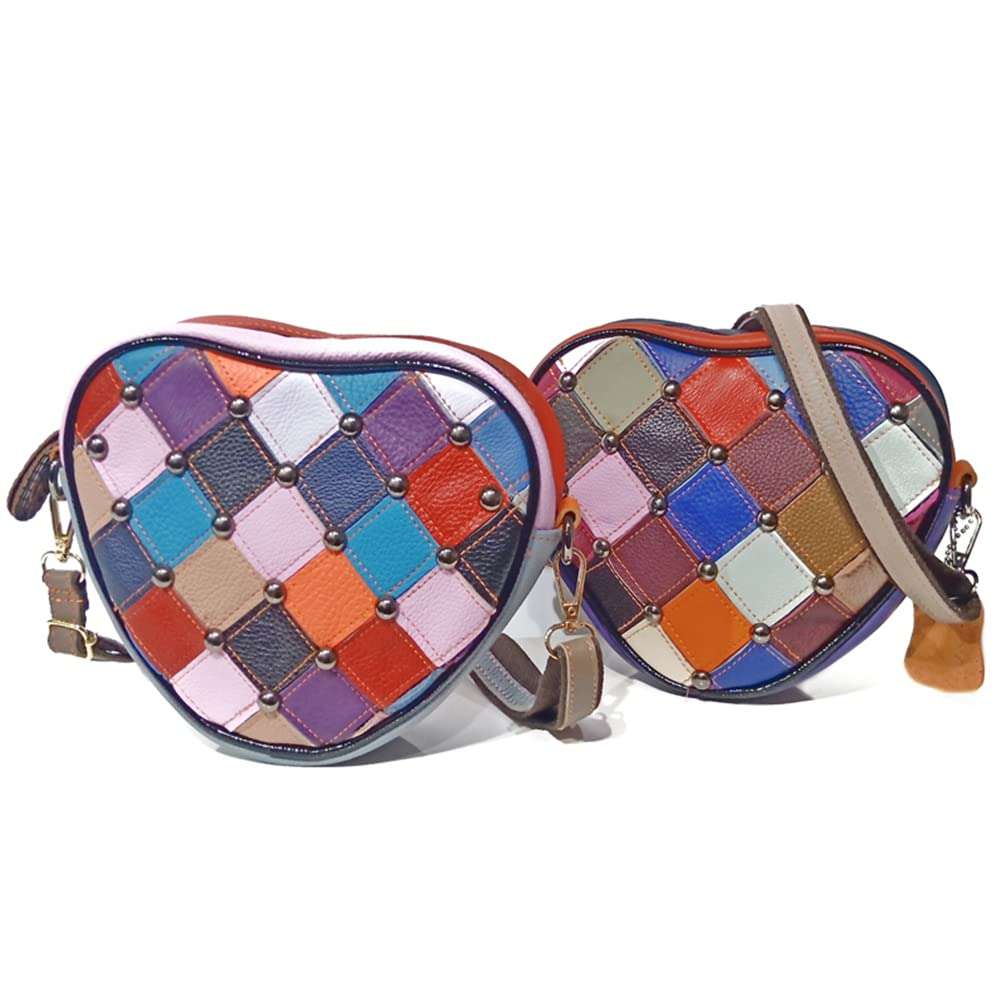 BYKOINE Women Cute Heart-Shaped Purse Genuine Leather Multicolor Splicing Handbag Colorful Patchwork Rivet Shoulder Satchel 4