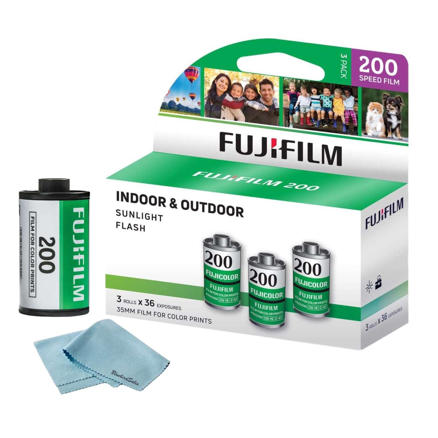 FUJIFILM 200 Color Negative Film (35mm Roll Film, 36 Exposures, 3-Pack) + BluebirdSales Microfiber Cleaning Cloth Bundle