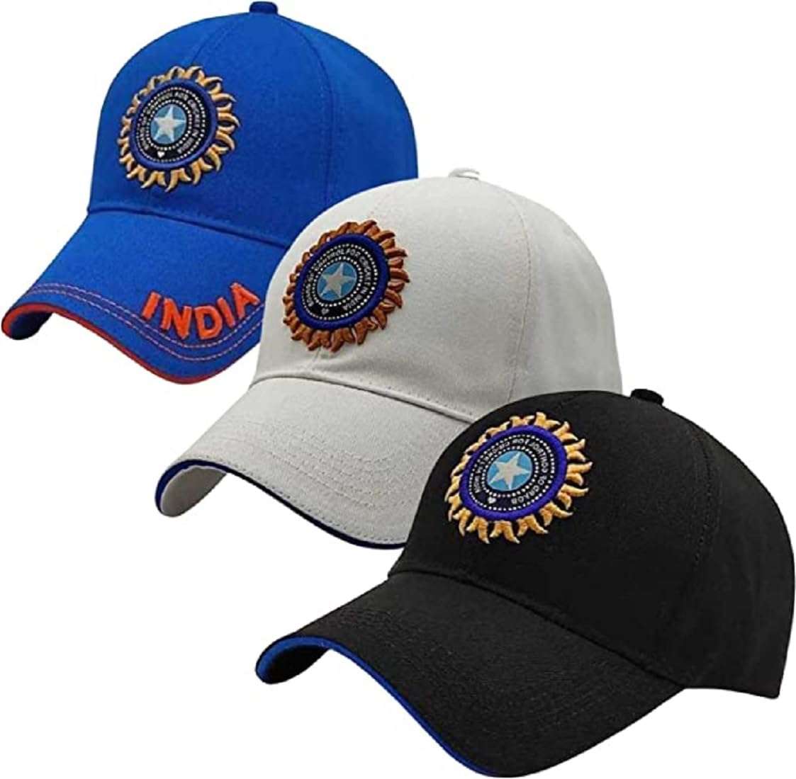 India Cricket Cap Original Quality Head Caps for Men Unisex Mens Cap Adjustable Buckle Caps Men women for All Sports Cricket Cap (black+white+blue) 1