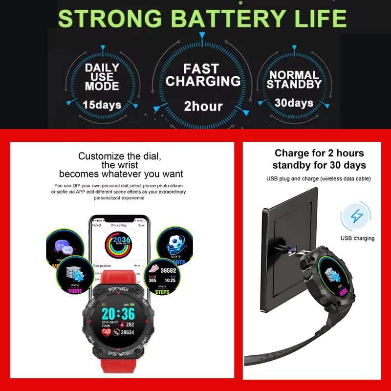 Drumstone (Diwali Special𝟏𝟓 Years Warranty FD68 Smart Fitness Band – Multi-Function Tracker for Heart Rate, Sleep, and Activity Monitoring Ages – Works with iOS & Android – Red 4