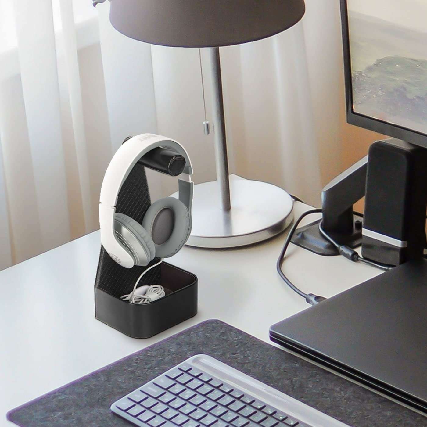 JACKCUBE Design Headphone Stand Leather Gaming Headset Holder with Cable Storage Tray (5.51 x 3.86 x 10.63 inches) - :MK217A 2