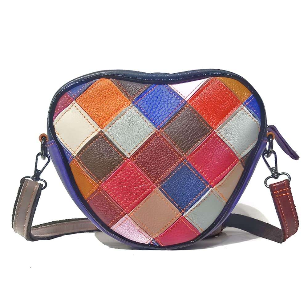 BYKOINE Women Cute Heart-Shaped Purse Genuine Leather Multicolor Splicing Handbag Colorful Patchwork Rivet Shoulder Satchel 3