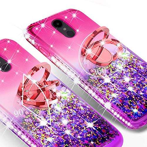 Liquid Glitter Cute Phone Case Kickstand Compatible for LG Stylo 5 / Stylo 5 Plus Case Clear Bling Diamond Bumper Ring Stand Girls Women - Pink/Purple 4