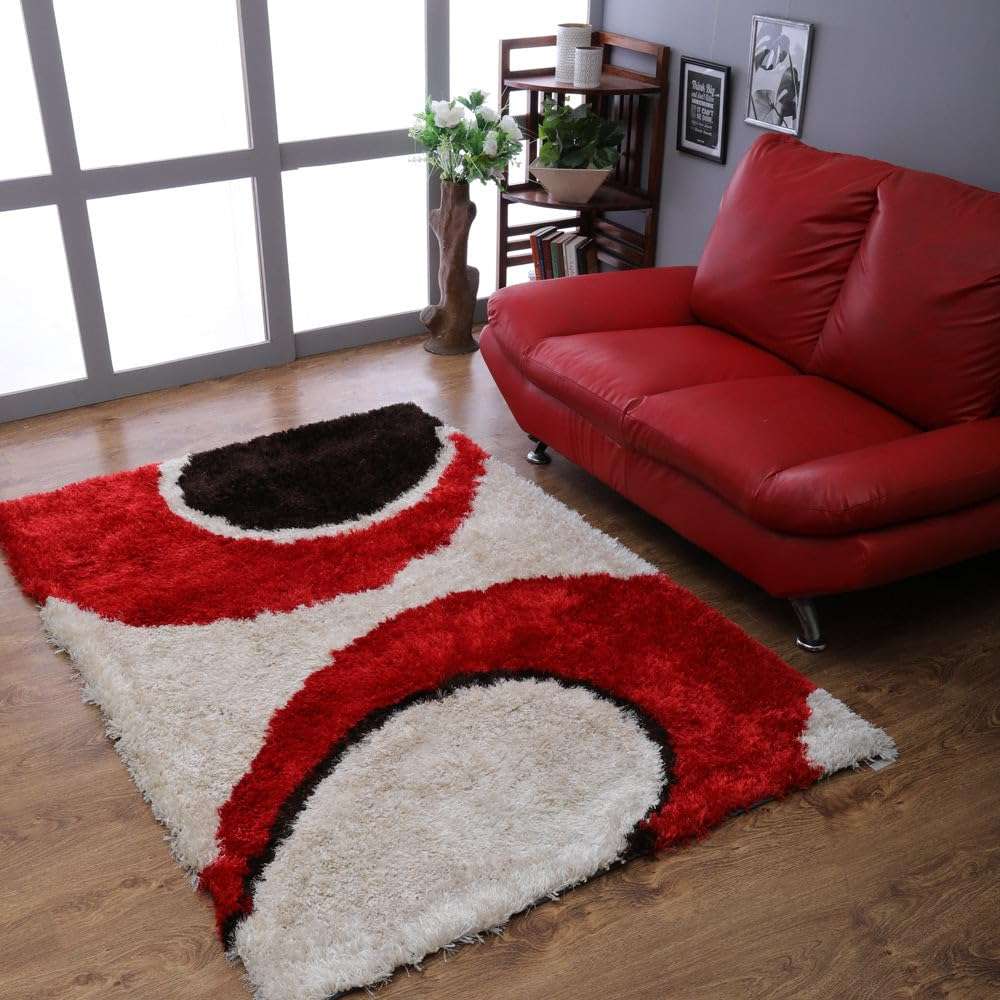 Hand Tufted SHAG Polyester ECO-Friendly Area Rugs - 4'x6', Rectangle, Red Ivory, Contemporary Modern Design, High Pile Thick Handmade Anti Skid Rugs for Living Room K00034 1