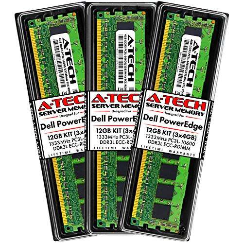 A-Tech 12GB (3x4GB) RAM for Dell PowerEdge M610, M710, M710HD, M915 Servers | DDR3 1333MHz ECC-RDIMM PC3L-10600 1Rx4 1.35V 240-Pin ECC Registered DIMM Server Memory Upgrade Kit 1