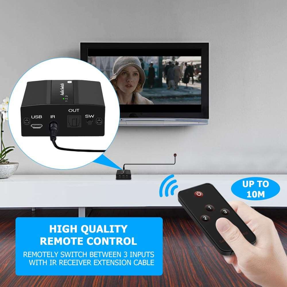 Musou Optical Audio Switcher,3 Ports in 1 Out Digital Optical Toslink SPDIF 3x1 with IR Remote Control Support LPCM2.0/DTS/Dolby-AC3 for PS3 Xbox Blue-Ray DVD HDTV 6