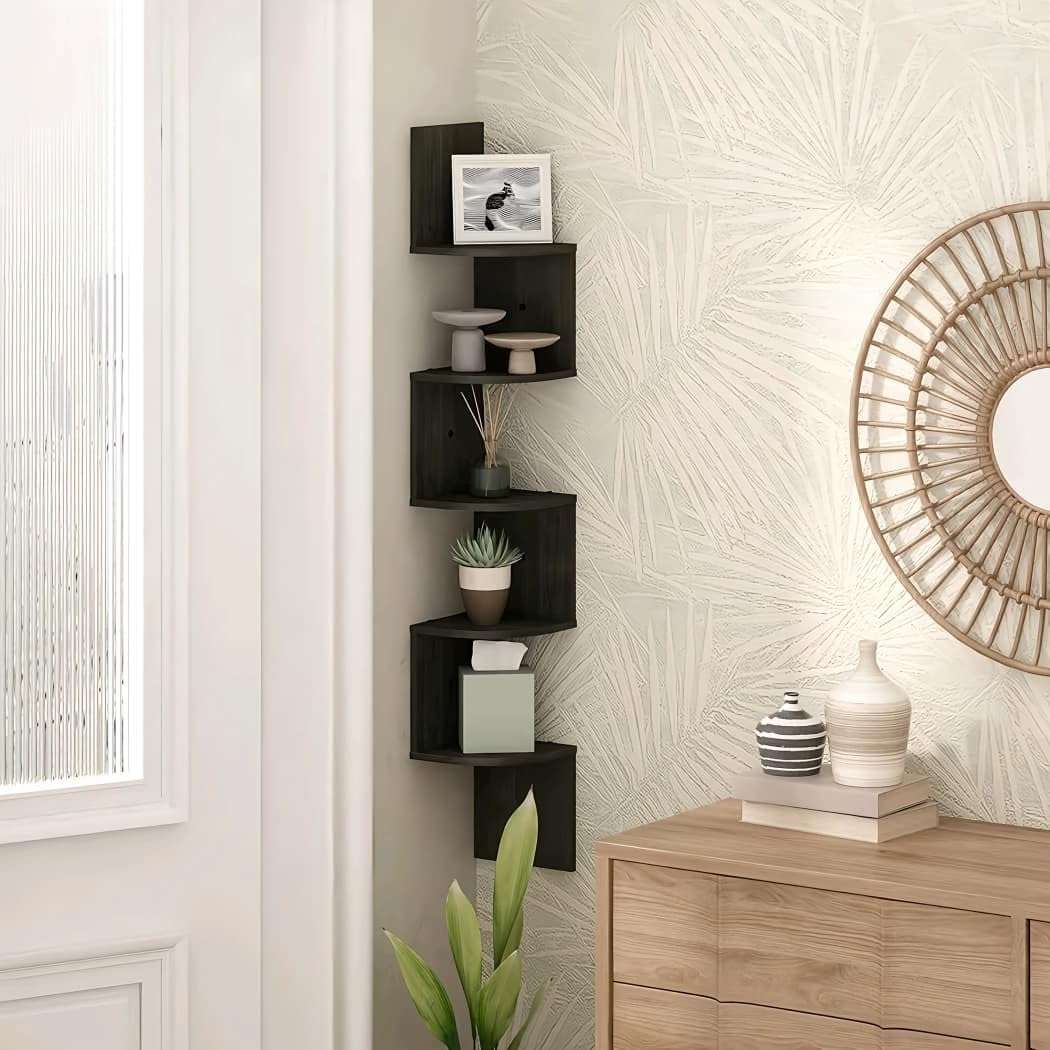 OXMIC Corner Wall Mount Display Shelf, Corner Shelf for Living Room Decor, 5-Tier Floating Design, 17x17x108 cm, Decorative Storage for Home Office 4