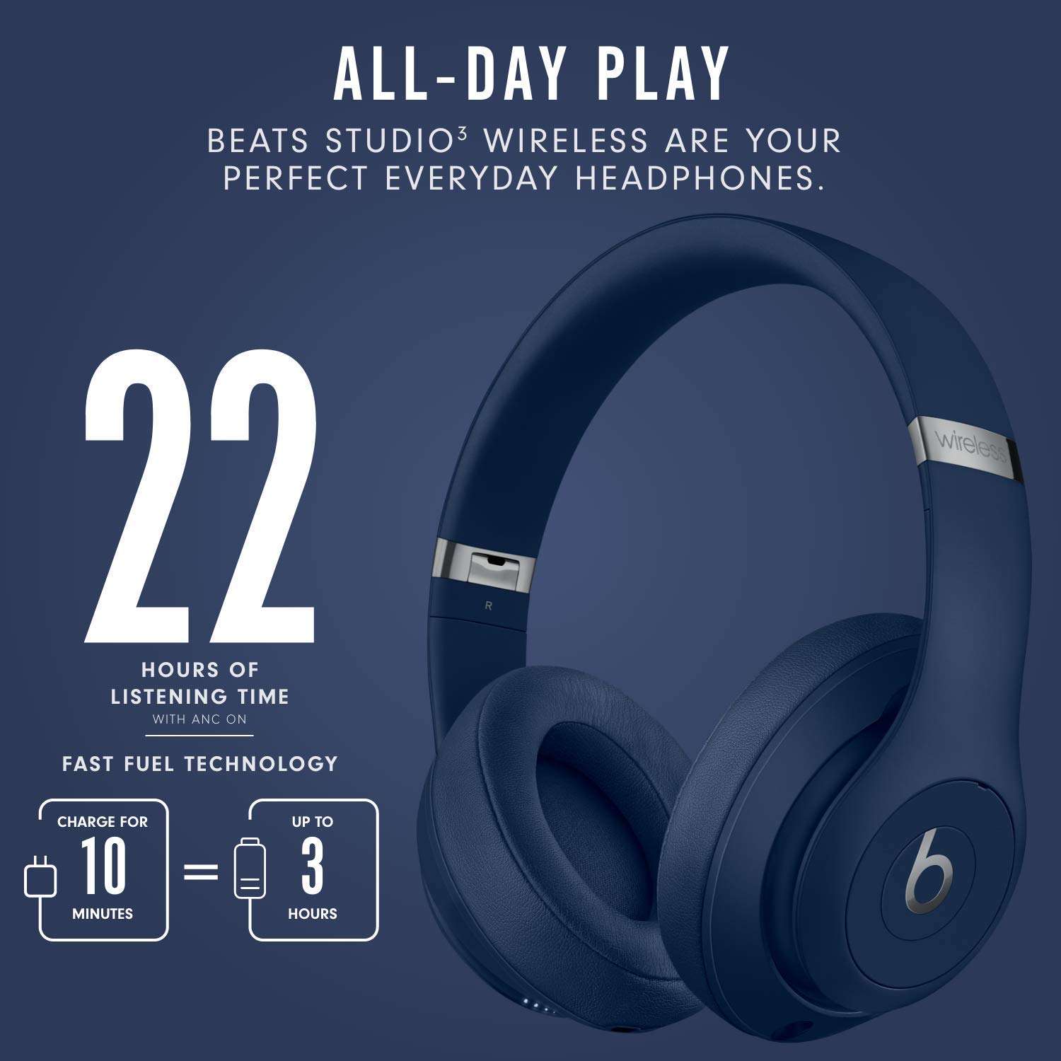 Beats Studio3 Wireless Noise Cancelling On-Ear Headphones - Apple W1 Headphone Chip, Class 1 Bluetooth, Active Noise Cancelling, 22 Hours of Listening Time, Built-in Microphone - Blue 4