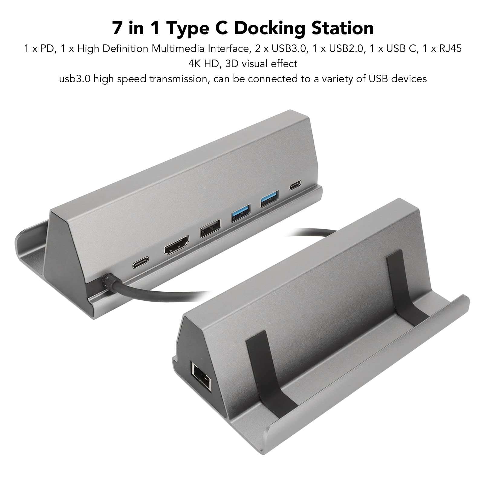 7 in 1 Docking Station with PD, 4K HD Multimedia Interface, USB3.0, USB C, RJ45. Fast Charging for OS X, (Grey) 3