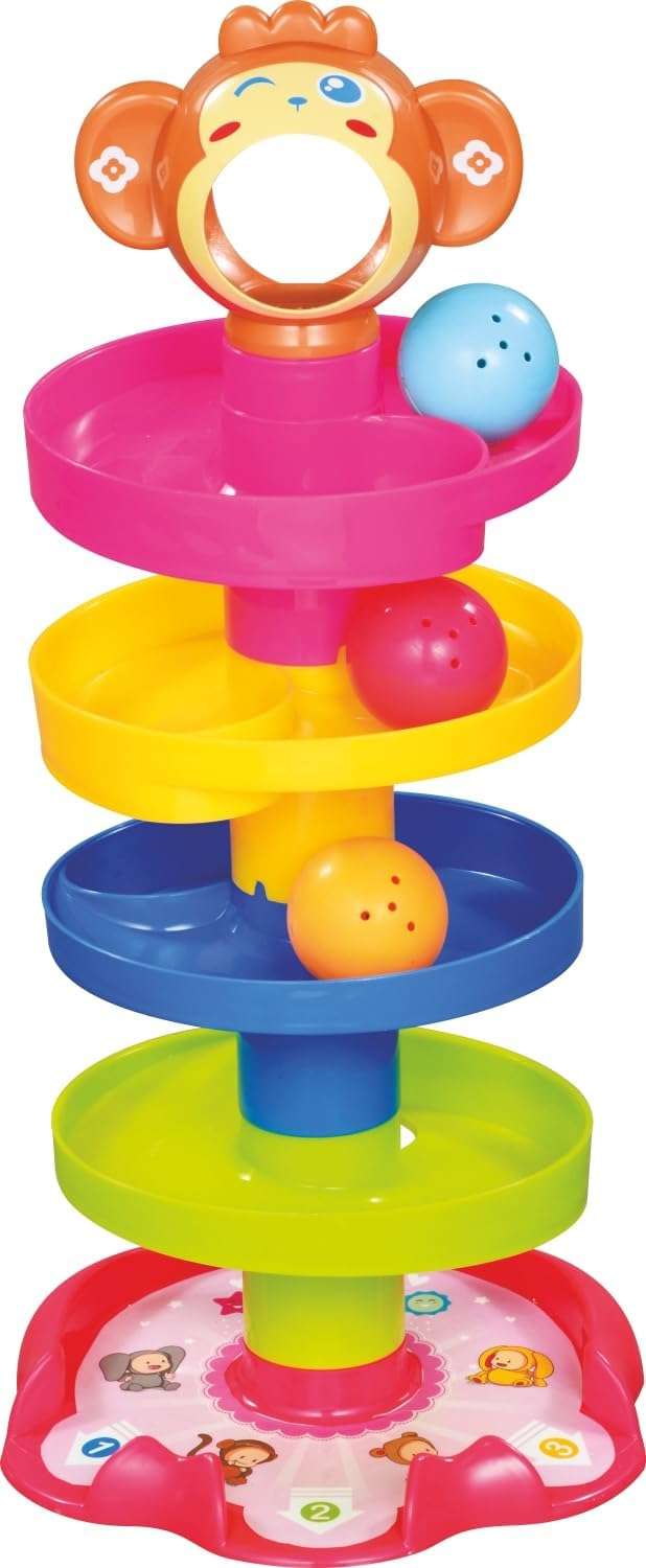 BLISSBORN Monkey Ball Drop Toy for Babies and Toddlers | New 5 Layer Tower Run with Swirling Ramps and 3 Puzzle Rattle Balls | Best Educational Development Toy Set for Kids 1
