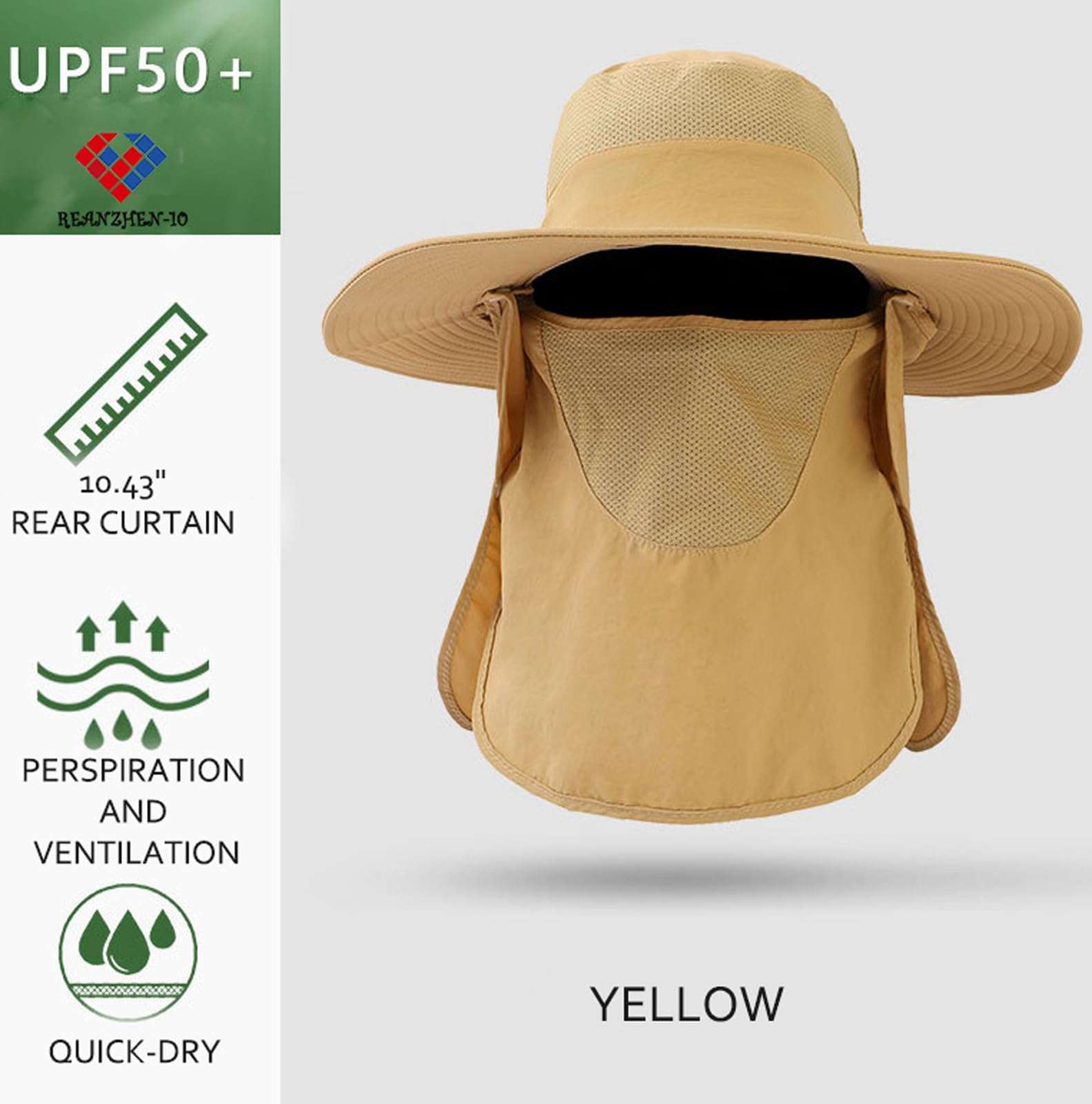 Outdoor Sun Hat for Men/Women with 50+, Waterproof Wide Brim Bucket Hat Foldable Boonie Hat with Neck Flap for Dad... (Yellow) 3