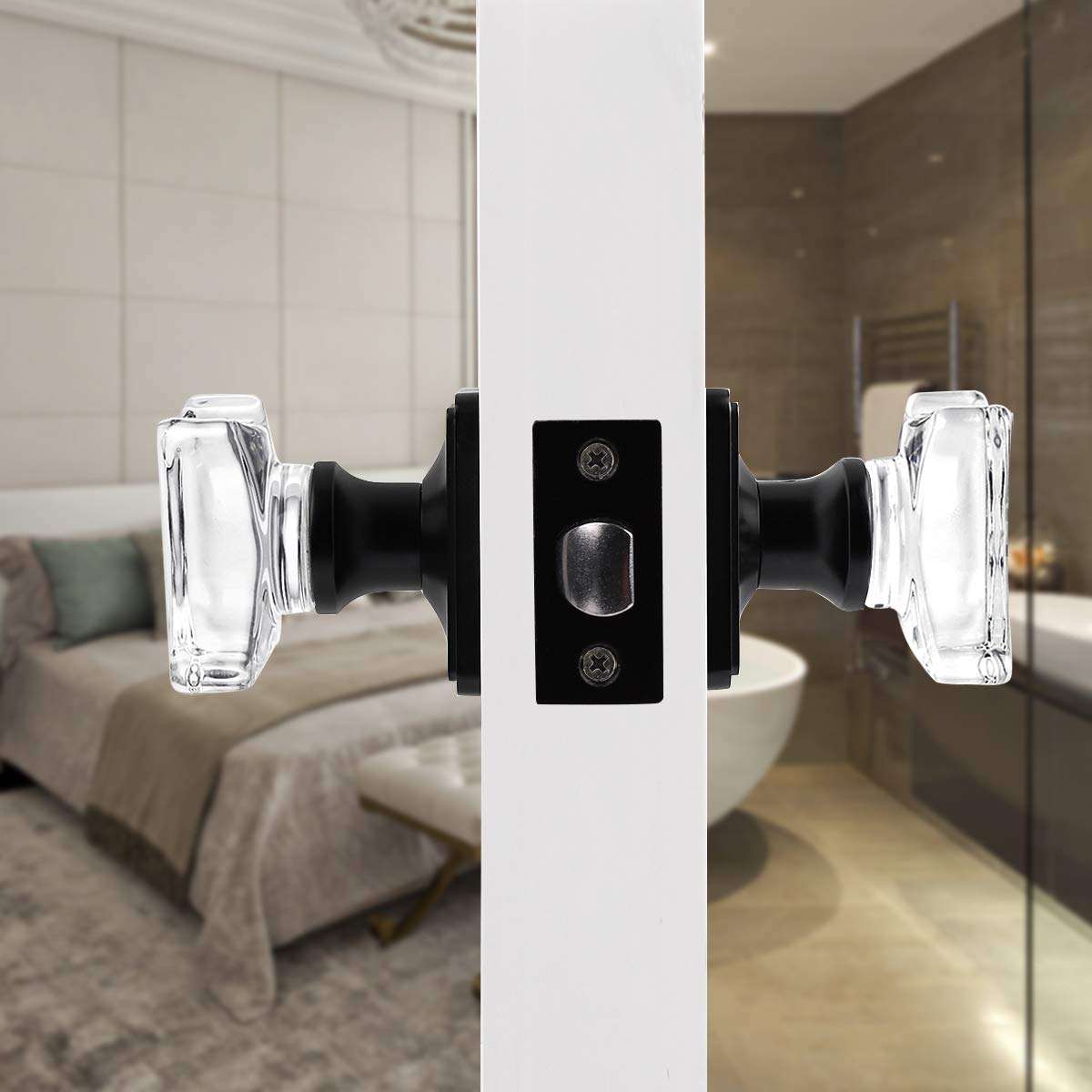 Gobrico 4 Pack Clear Crystal Doorknobs Square Rosette,Matte Black Interior Door Locks for Hall Closet,Glass Passage Door Knobs Handles 6