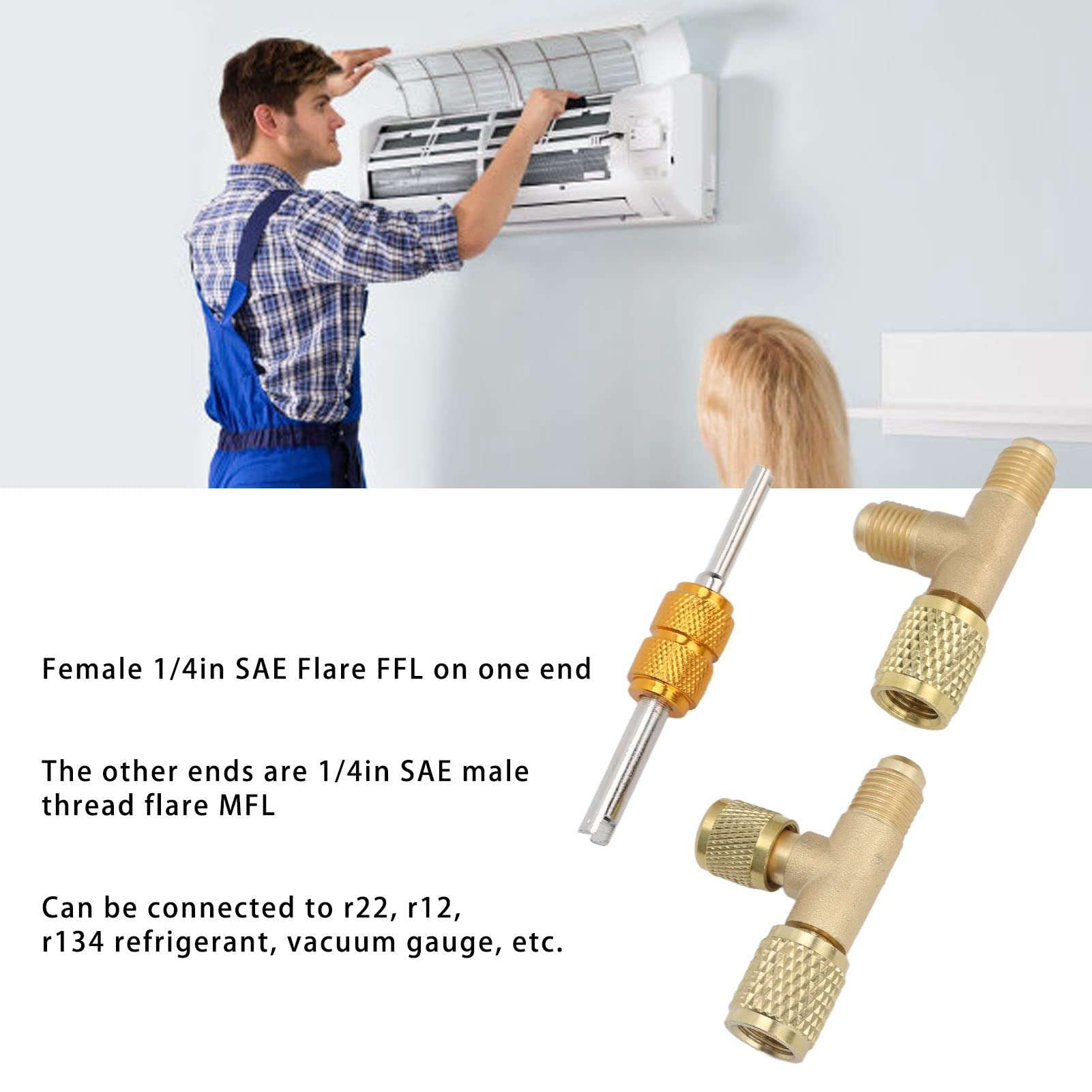 1/4in Valves Core Brass Tee Adapter, Brass Quick Coupler Access Tee Fittings for Vacuum Gauge R22 R12 R134 Refrigerant 5