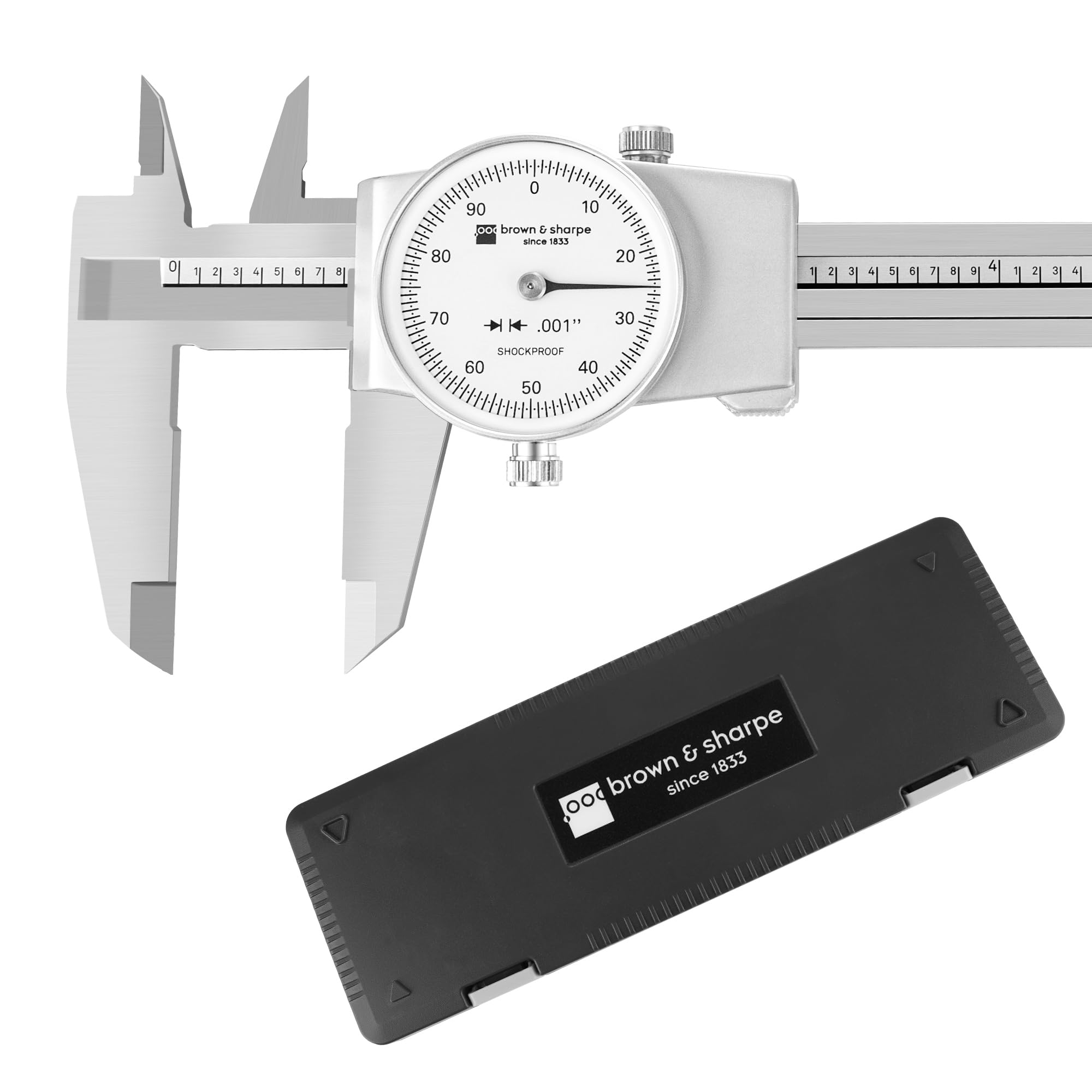 Brown & Sharpe 8-Inch Dial Caliper – Precision Stainless Steel Measuring Tool, White Dial, 0.001" Resolution, Hardened Construction, Shockproof Movement.