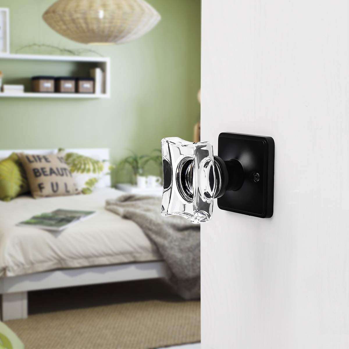 Gobrico 4 Pack Clear Crystal Doorknobs Square Rosette,Matte Black Interior Door Locks for Hall Closet,Glass Passage Door Knobs Handles 3