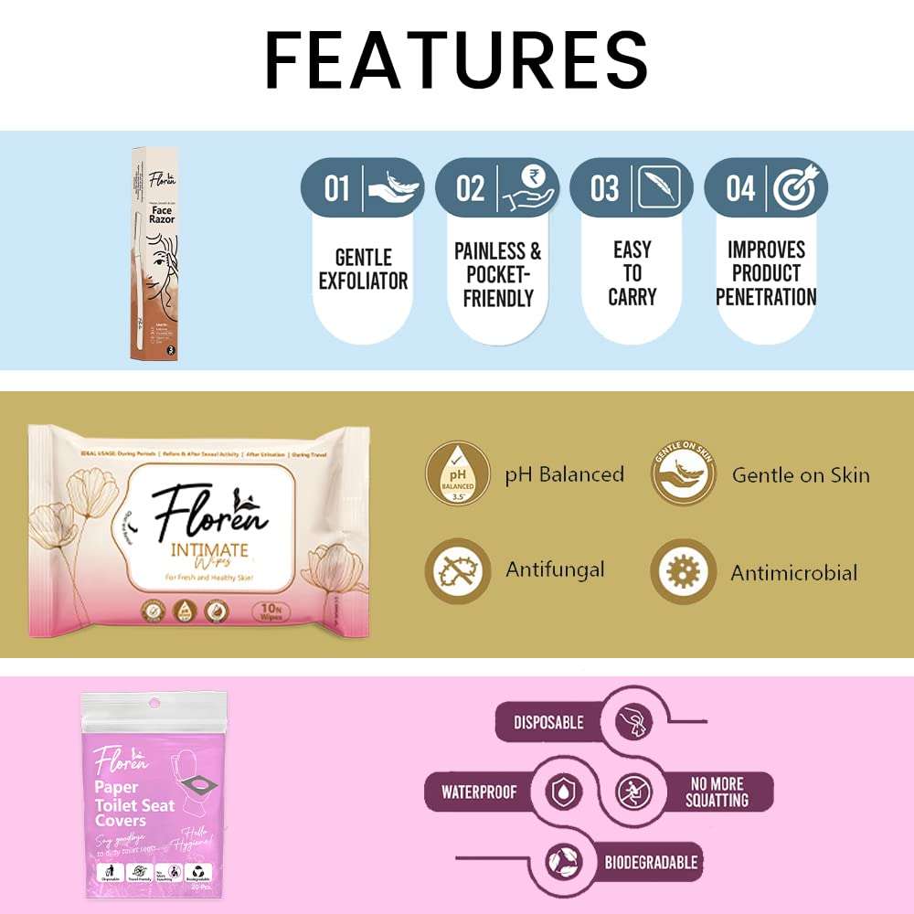 Floren Everyday Grooming & Toilet Hygiene Kit for Women | Smooth Glide Face Razor - Set of 3, Disposable Toilet Seat Cover 20 Sheets & Cleansing Moisturizing Lavender Intimate Wipes - Pack of 1 4