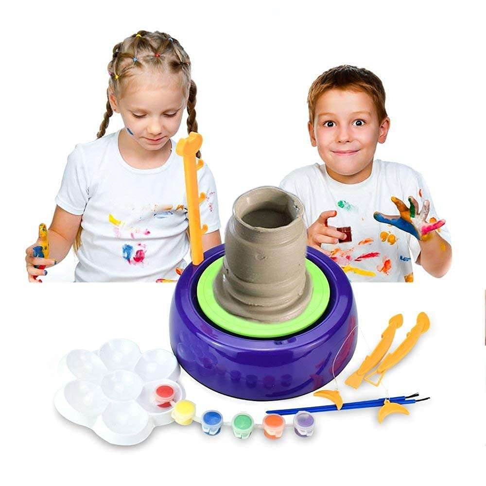 Stark Enterprise Art Pottery Wheel Clay Pot Battery Operated Imaginative Making Machine Set Game with Colors and Stencils, Creative Educational Craft Toy Gift for Kids Boys Girls 4