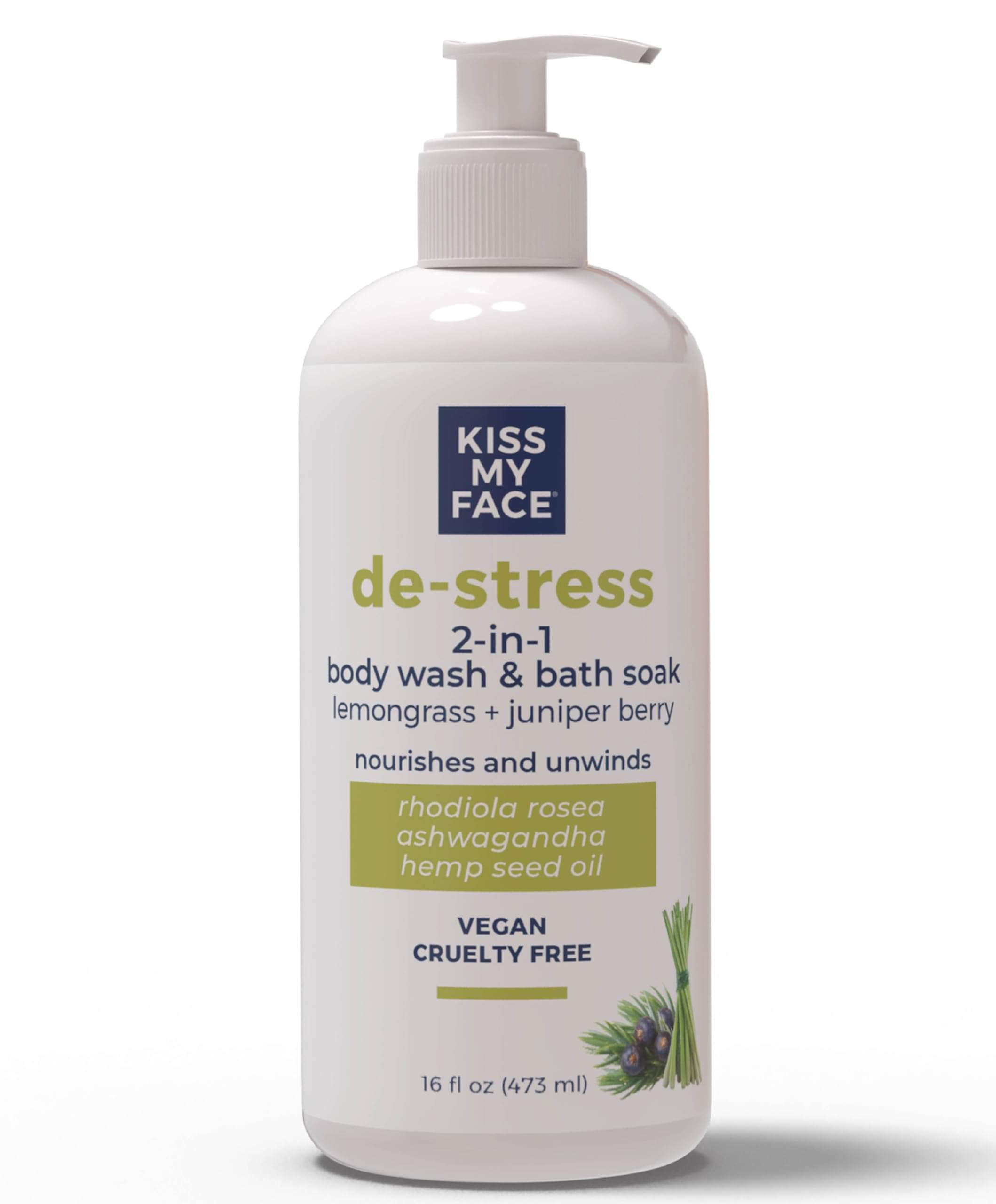 Kiss My Face De-Stress 2-in-1 Body Wash & Bath Soak - Lemongrass + Juniper Berry - Botanical Blend - Vegan and Cruelty Free - With added Rhodiola Rosea, Hemp Seed Oil and Ashwagandha - 16 fl oz Bottle 1