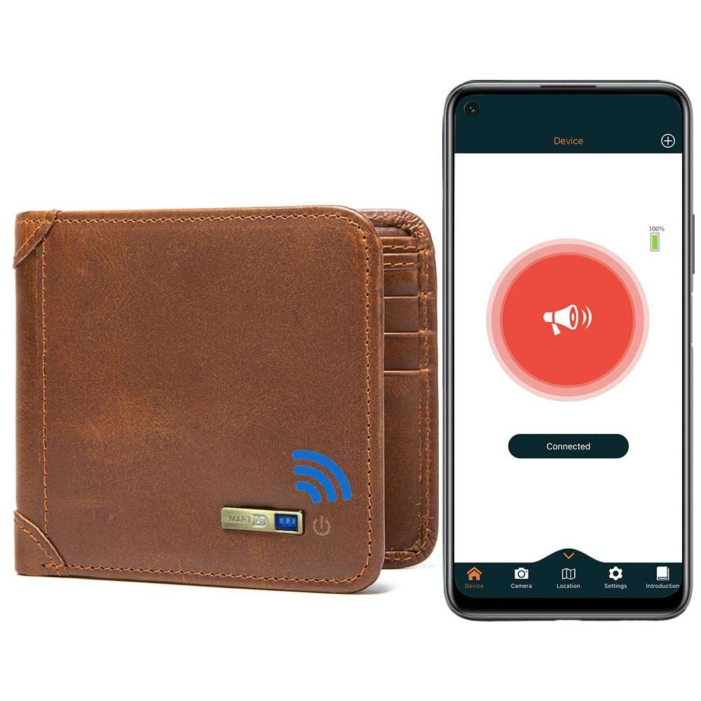 SmartLB, Smart Wallet Anti-Lost Bluetooth Tracker, Position Record (Via Phone GPS), Bifold Cowhide Leather Men Wallets Smart LB (Brown)