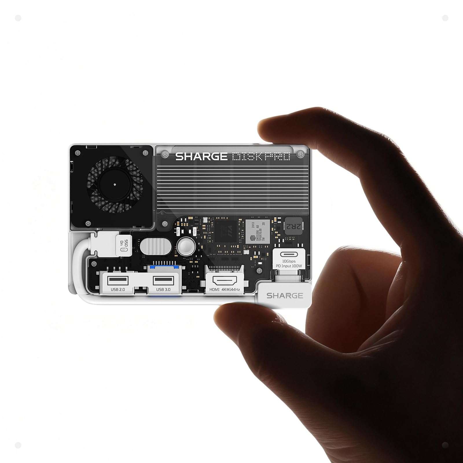 sharge Disk Pro 4TB Portable SSD with Active-Cooling Fan, 4-Port Hub with HDMI 2.1, 10 Gbps Built-in Cable, Magnetic External Solid State Drive for MacBook, PC and More-White 1