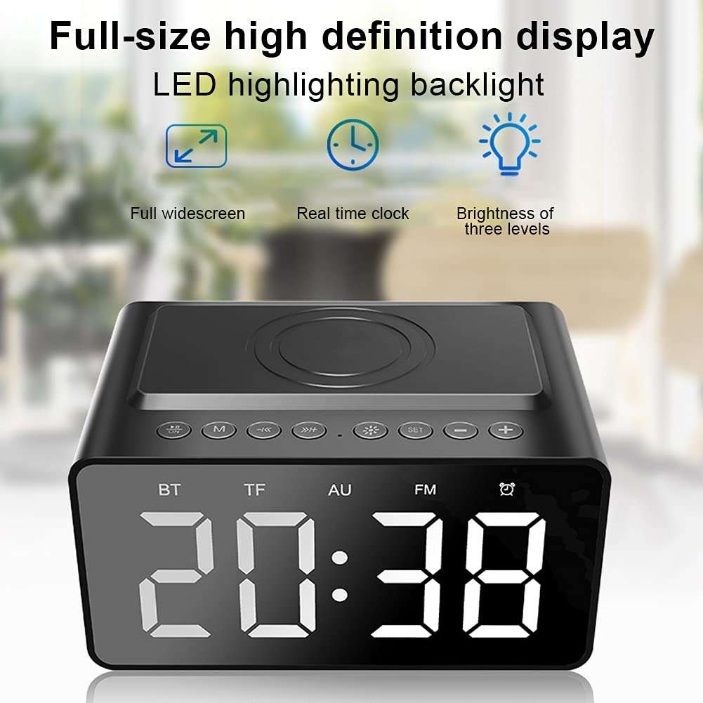 Digital Alarm Clock, Bluetooth Wireless Music Speaker, 2 in 1 HD Bluetooth Speakers and Bluetooth Speaker with Built-in FM Radio for Bedroom Office Bedside Mobile Phone Chargeable(Black) 3