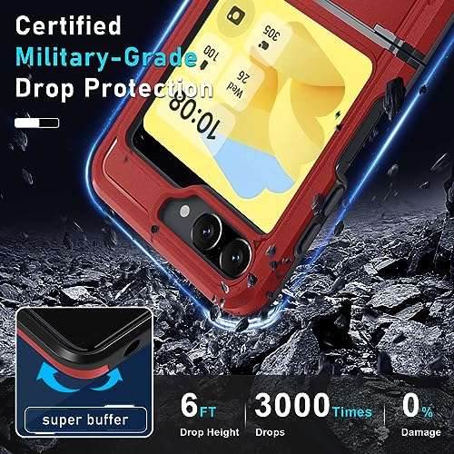 Janmitta case for Samsung Galaxy Z Flip 5 Case Built in Front Screen Protector+Hinge Protection+Finger Ring Metal Kickstand,Heavy Duty Shockproof Full Body Protective Cover,2023 Red 5
