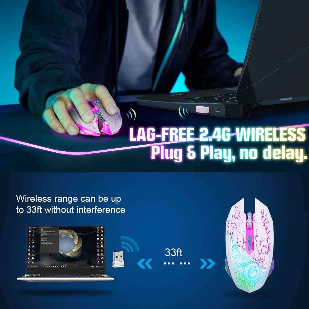 VersionTECH. Wireless Gaming Mouse, Rechargeable Computer Mouse Mice with Colorful LED Lights, Silent Click, 2.4G USB Nano Receiver, 3 Level DPI for PC Gamer Laptop Desktop Chromebook Mac-White 2