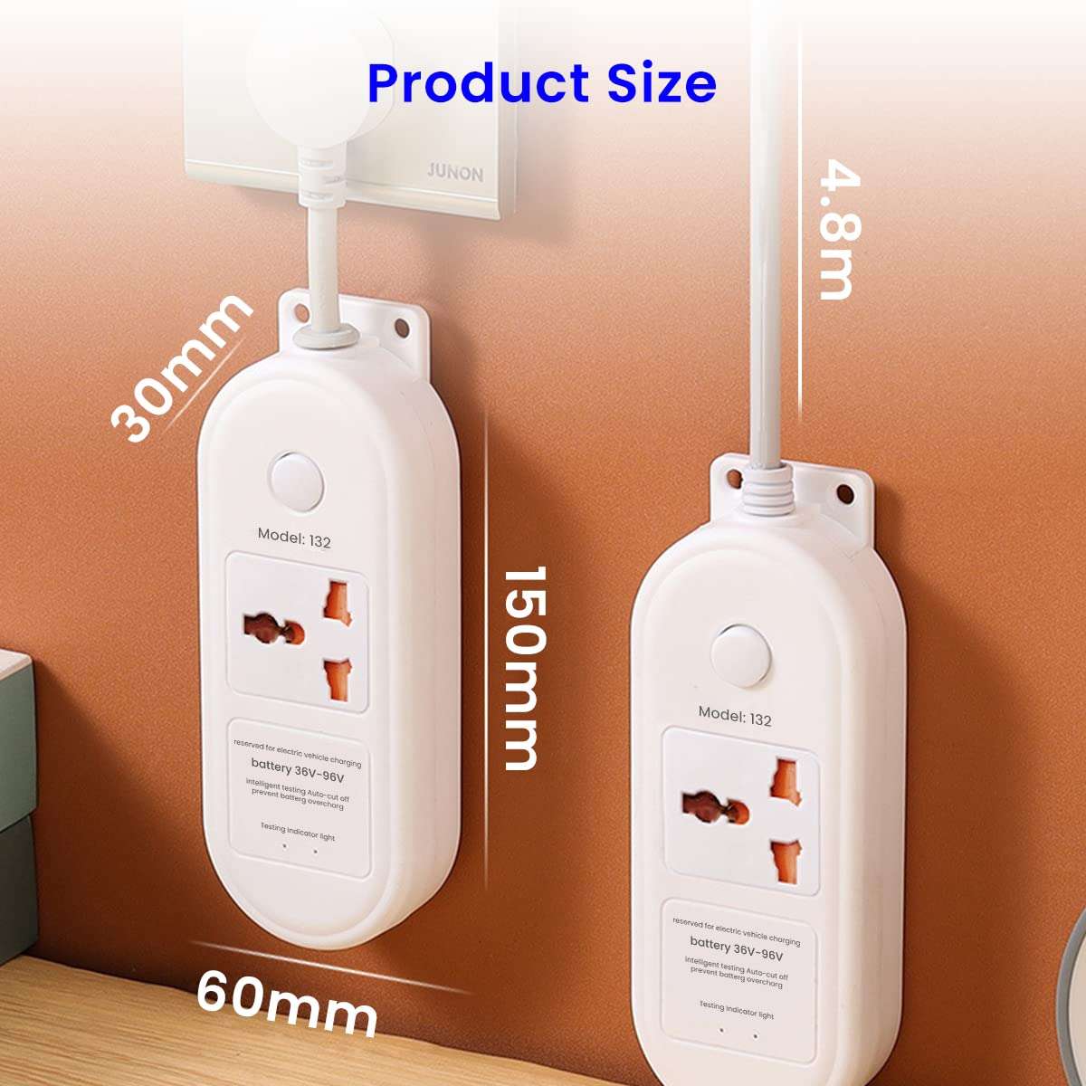 ZIBUYU® Extension Board for 36V-96V Battery with 4.8m Cable, Auto Stop Charging, Extension Cord Smart Socket Plug Socket Plug Socket for Scooter, Electric 3-Wheel Vehicles, Lead-Acid Battery 3