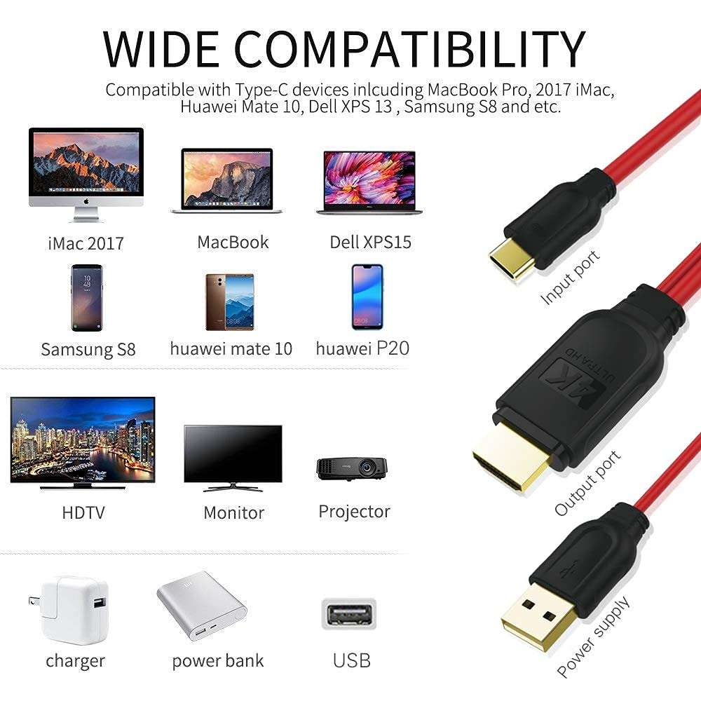 Kkf USB Type C to 4K HDMI Cable Adapter 6FT | High Speed HDMI Cables, 4K @ 30Hz, Ultra HD, Mobile Phone to TV Mirror Cable | for Laptop, Monitor, Fire TV (Type A Port only for Charging) (red) 3