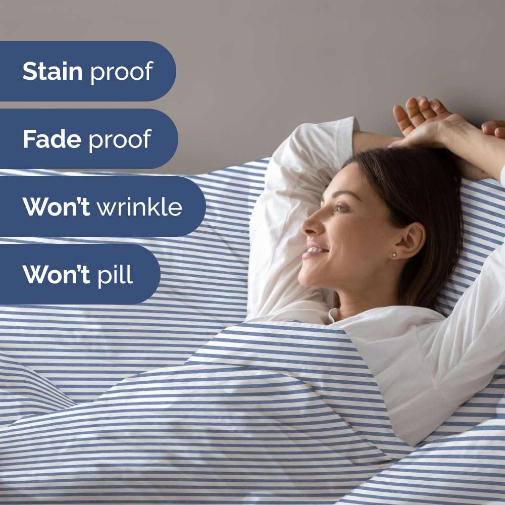 Cal King Size Flat Bed Sheet + Duvet Cover Bundle - Hotel Luxury Single Flat Bottom Sheet Only - Fits Mattresses with Deep Pockets between 8 to 16 inches - Breathable and Wrinkle Free - Blue Stripes 6