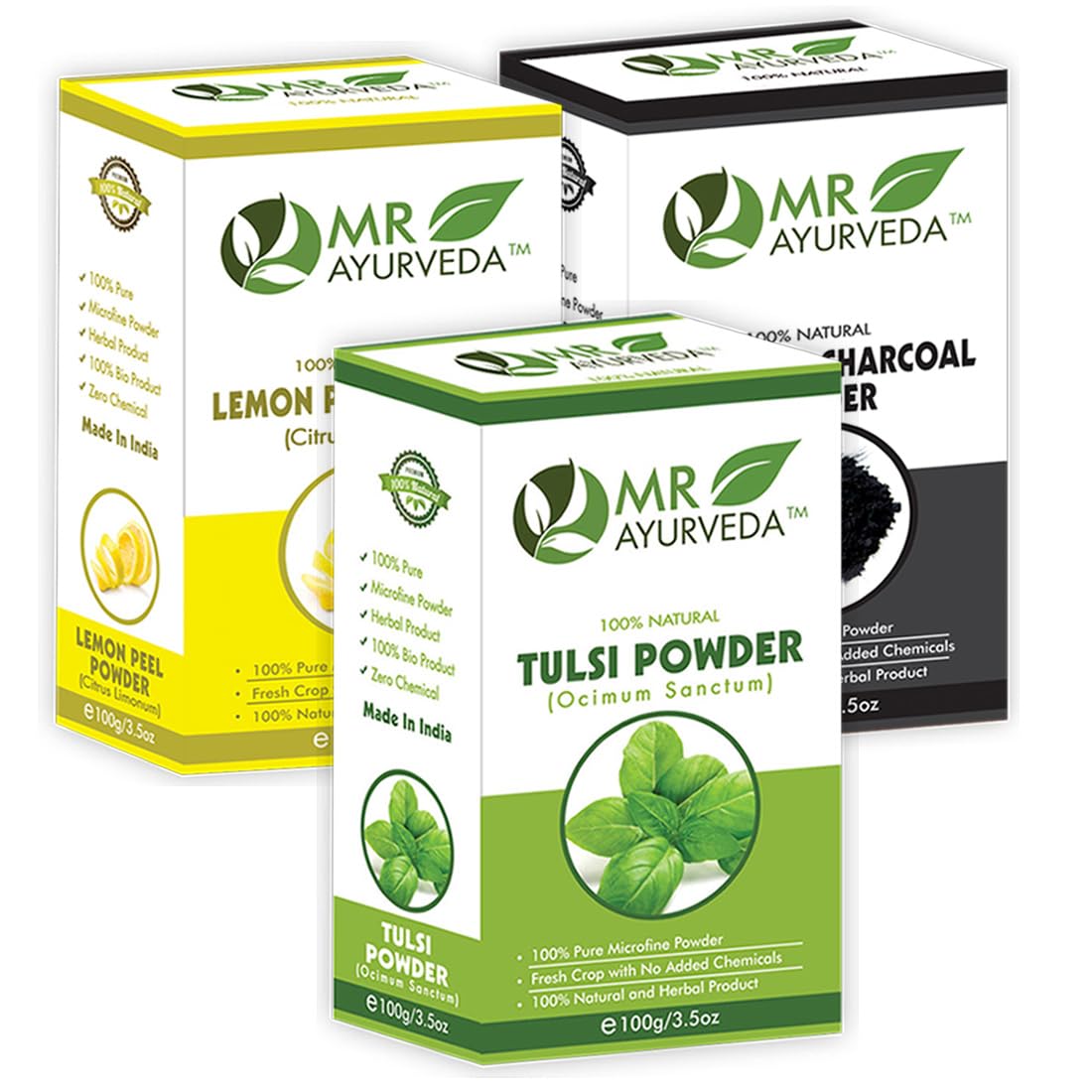 MR Ayurveda Activated Charcoal Powder, Tulsi Powder & Lemon Peel Powder - Set of 3 (100 Grams Each)