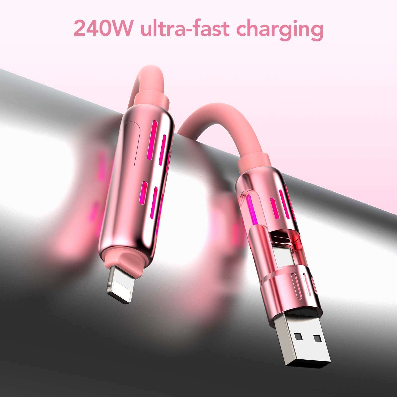 MFish 4-in-1 Multi USB Charging Cable -MAX 240W Fast Charging/Charger Cord with USB A+Type C for iPhone 16/15 14 13 iPad Samsung Galaxy MacBook iPad Tablets and More (Pink, 6.6Ft) 6