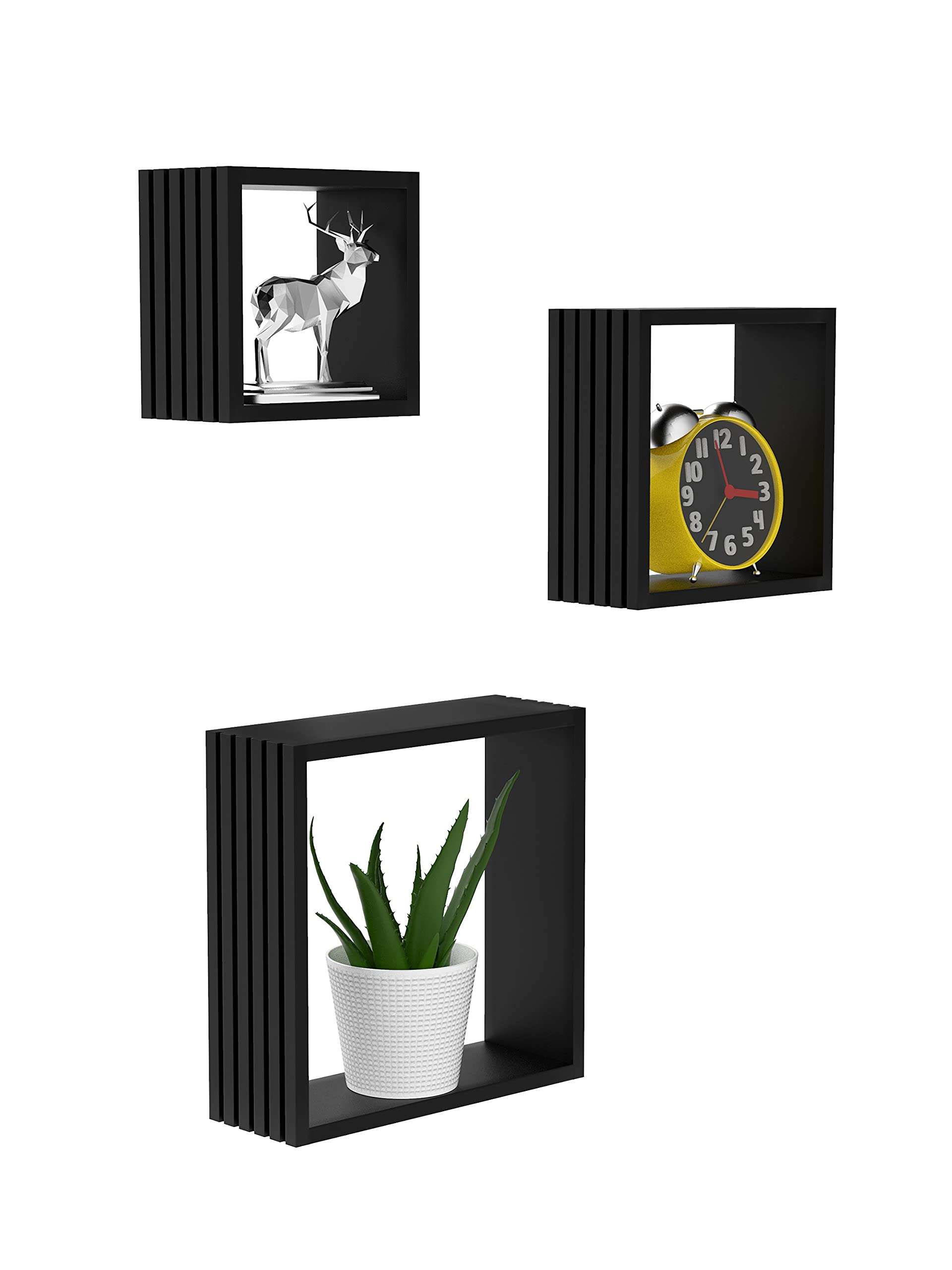 Home Sparkle New 3D Design louvers Wall Shelf Rack for Home |Set of 3 |Engineered Wood Carved Shelf for Lobby & Bedrooms Black Finish (Black) 4