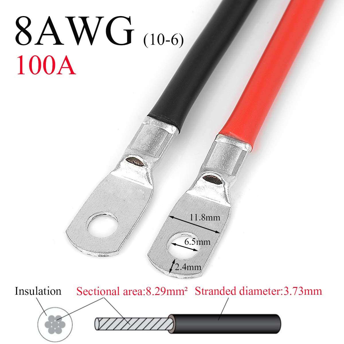 Jtron 20 inch Cables 8 AWG(10-6) Gauge Red + Black Pure Copper Battery Inverter Cables Solar, RV, Car, Boat in Lugs Used for Battery Switch(Available Current 100A) 3