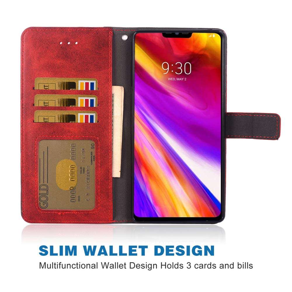 Phone Case for LG G7 ThinQ Folio Flip Wallet Case,PU Leather Credit Card Holder Slots Full Body Protection Kickstand Hard Hybrid Protective Phone Cover for LGG7 G 7 Plus Thin Q G7+ LGG7thinq Red 3