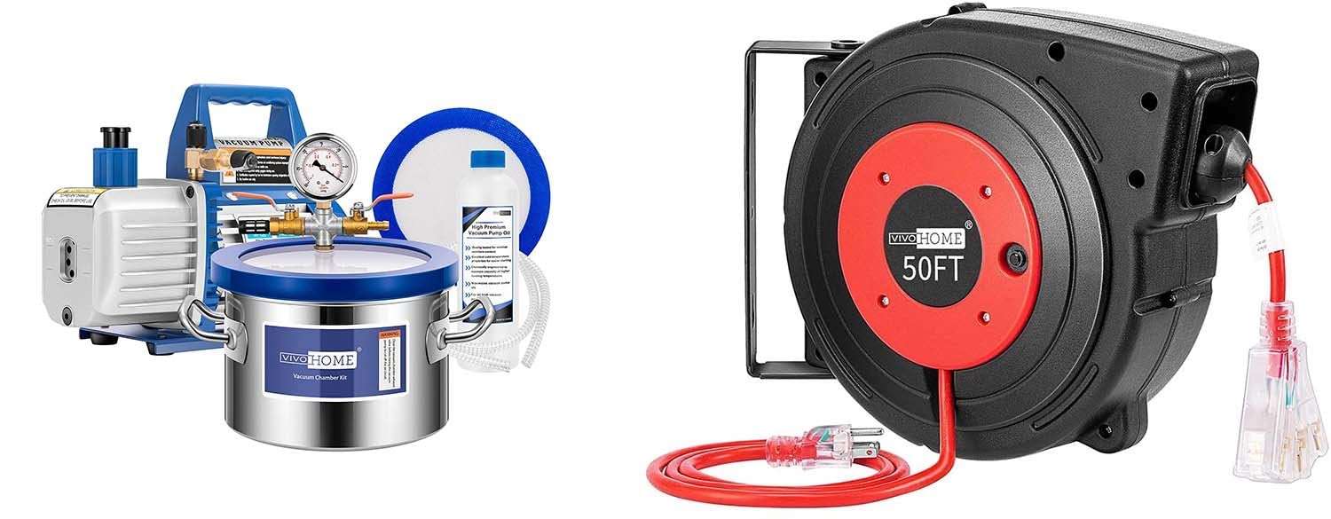 VIVOHOME 1.5 Gallon Vacuum Chamber with Pump, Stainless Steel Vacuum Degassing Chamber Kit with 14AWG/3C SJTOW Heavy Duty 50 Feet Retractable Extension Cord Reel 1