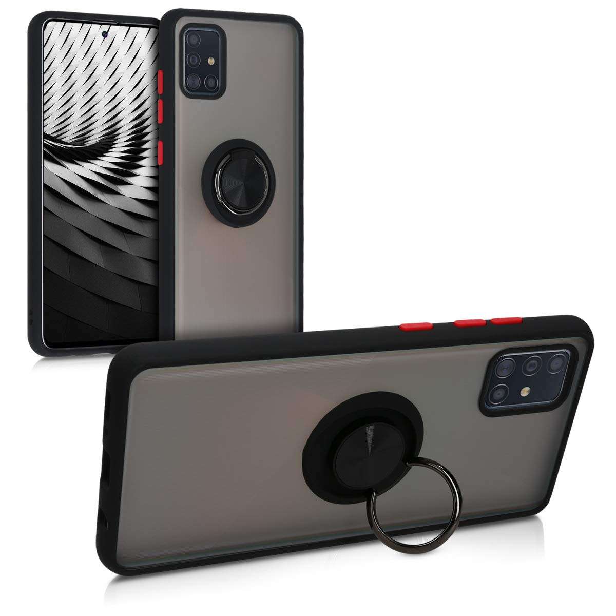 kwmobile Case Compatible with Samsung Galaxy A51 - Smartphone Hardcase with TPU Bumper Finger Holder Stand - Black/Matte Transparent 1