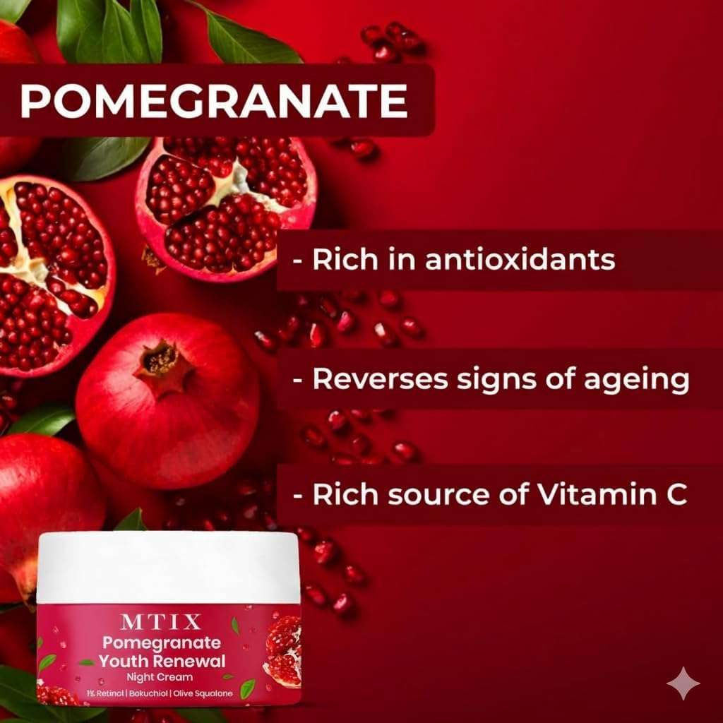 Pomegranate Youth Renewal Night Cream for Face – 1% Retinol, Bakuchiol & Olive Squalane – Hydrating & Nourishing Anti-Ageing Skin Cream – 50 g 6