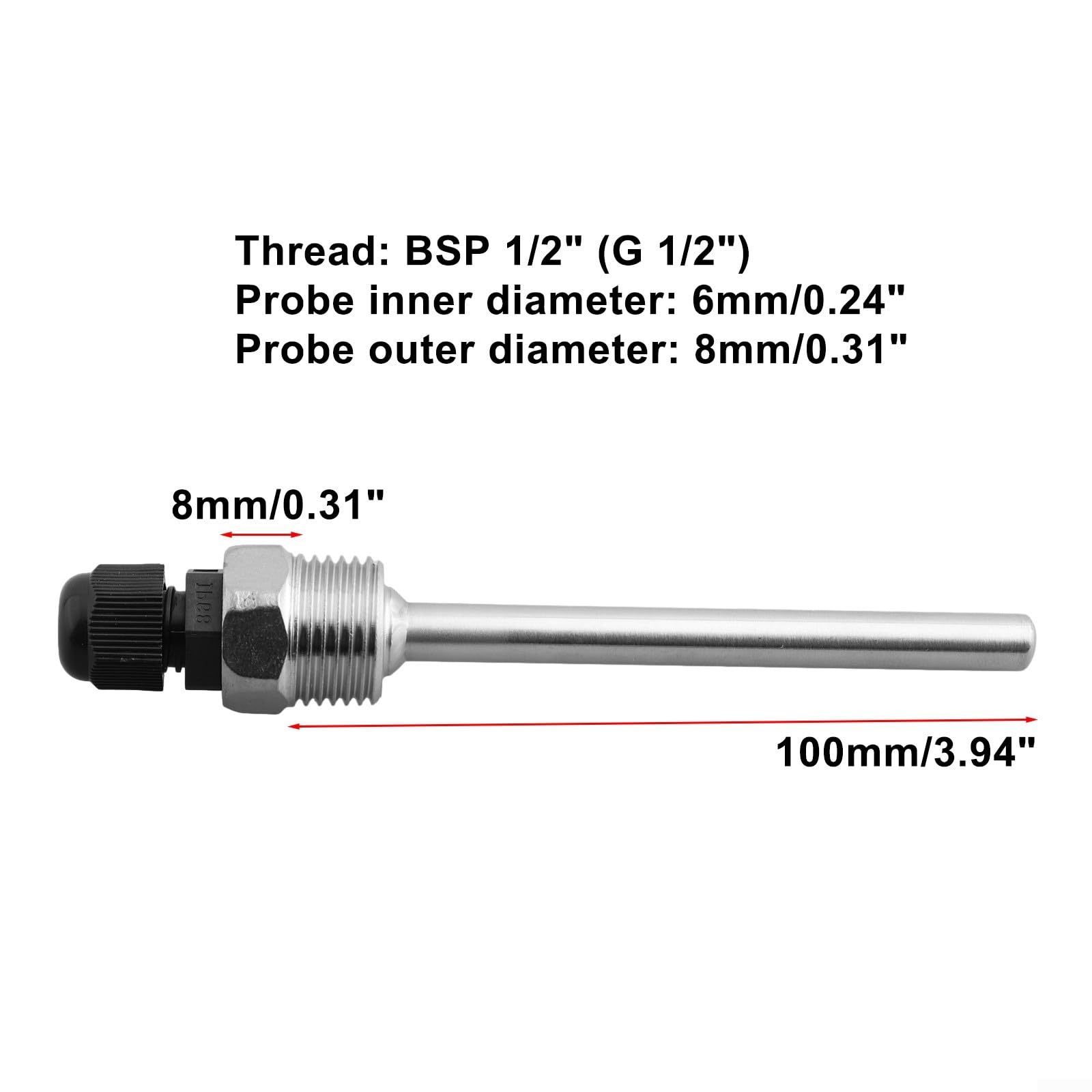 42-300mm Stainless Steel Thermowell 1/2 NPT Threads For Temperature Sensor, Temperature Sensor Housing 4-way Blind Pipe Stainless Steel Probe Water Tank Protection Housing Solar Accessories(100mm) 3
