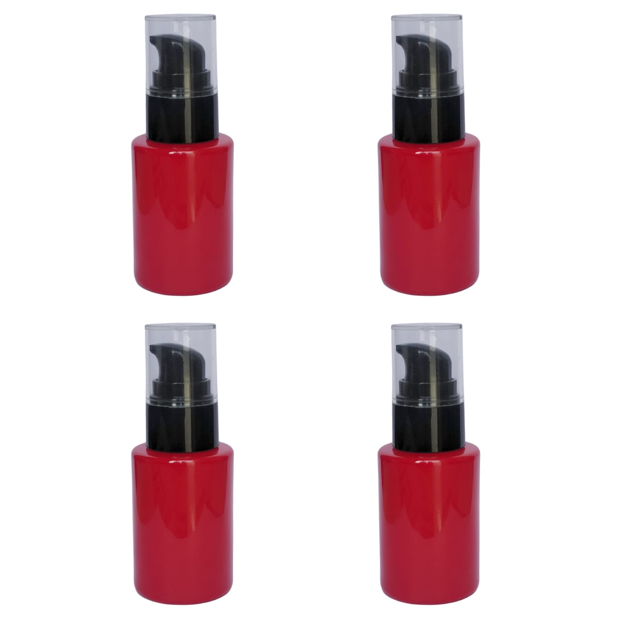 Devinez Multipurpose Premium Flat Shoulder Red Color Round Glass Bottle, 30 ml with Lotion Pump with Cap (Pack of 4), for Serum, Essential Oils, Blends, Skin Care, Travel, Toners, Cosmetic & DIY 1