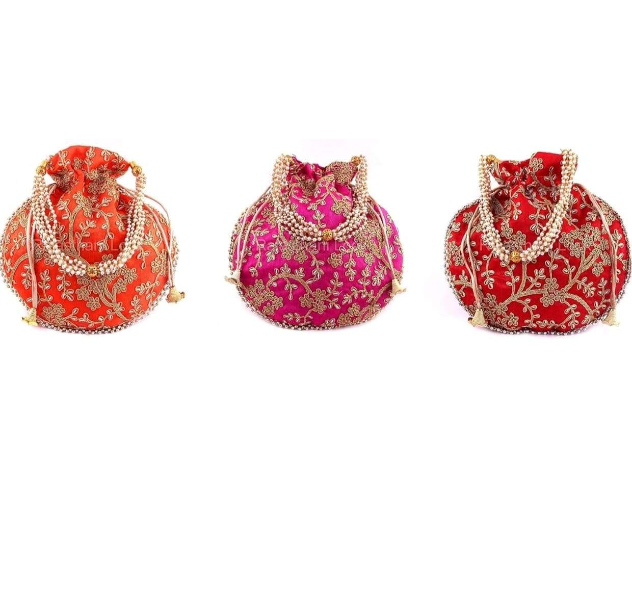 Embroidered Potli Bag | Leaf Floral Design With Moti Handle Batwa Bag | Traditional Shagun Potli for Return Gifts | Ideal for Mehandi, Haldi, Baby Shower, Wedding, Sangeet (5) 4