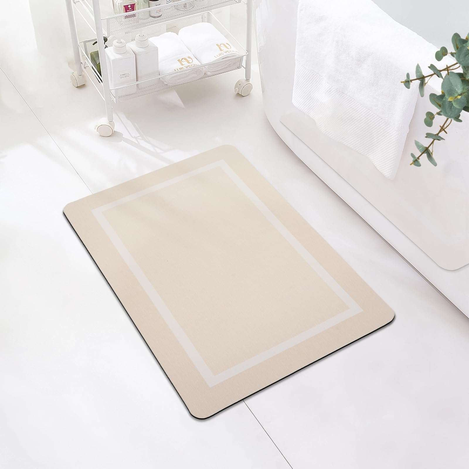 FRESHMINT Classic Border Rubber Bath Mat 24”x17”, Water Absorbent Bath Mat for Bathroom Floor, Non Slip Shower Mat Washable, Ultra Soft Microfiber Bathroom Mat Room Accessories, Beige 1