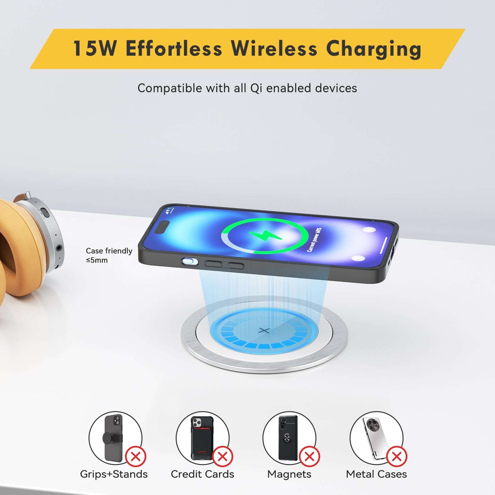 Kungfuking Pop Up Outlet for Countertop Kitchen, 15W Wireless Charger, 75W USB C Counter Top Electrical Power, 8 Outlets & 4 USB Ports, 4"Hole Recessed Popup Outlet for Island Conference Table Office 4
