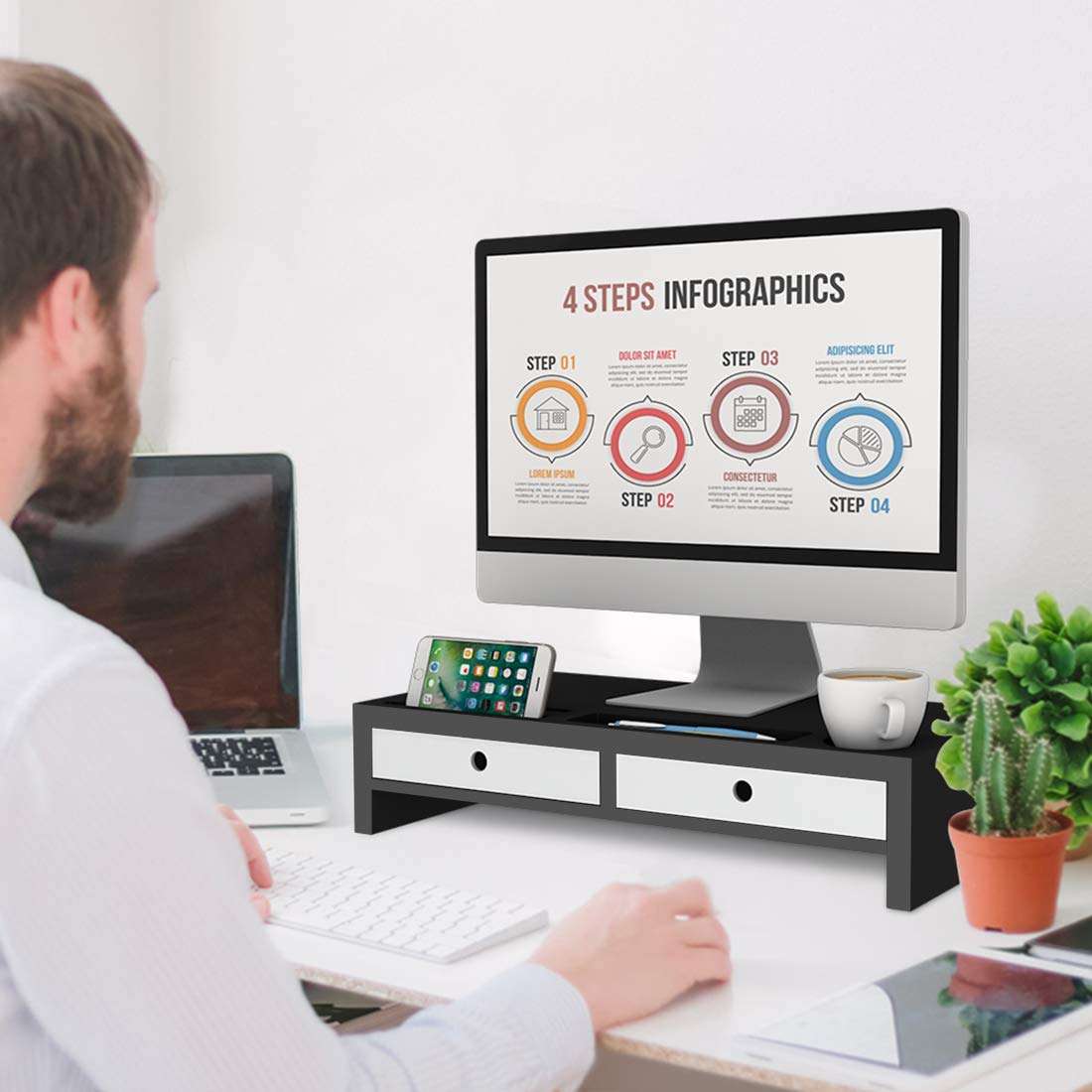 Bambloom Monitor Stand Riser with Drawer - Desk Shelf Organizer Keyboard Storage Black 22" x 10.6" x 4.7" 2