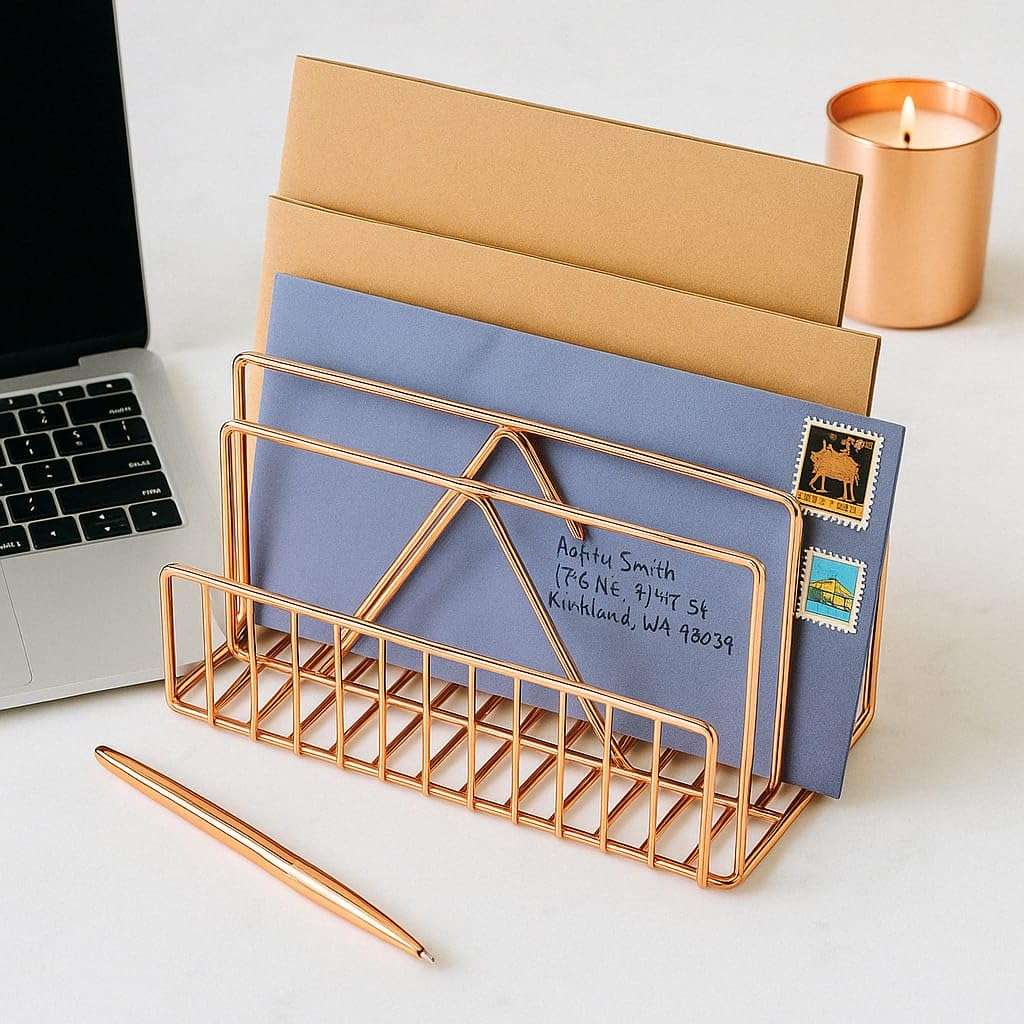 CentraLit File & Magazine Holder - Book Shelf Organiser Small book shelf for table Metal Letter Organiser with 3 Compartments,Letter Document Sorter (Rose Gold),Free Standing,Accent Shelf 6