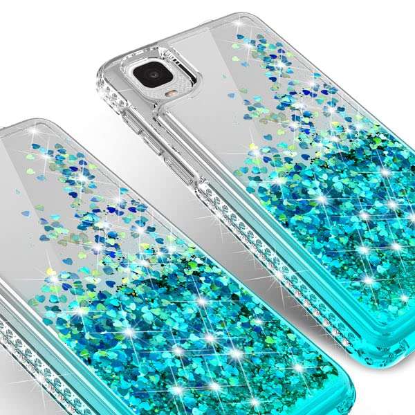 SPYCASE Liquid Glitter Phone Case for TCL ION Z / T501L / T501C Case w[Tempered Glass Screen Protector] Bling Diamond Girls Women- Aqua/Clear 5